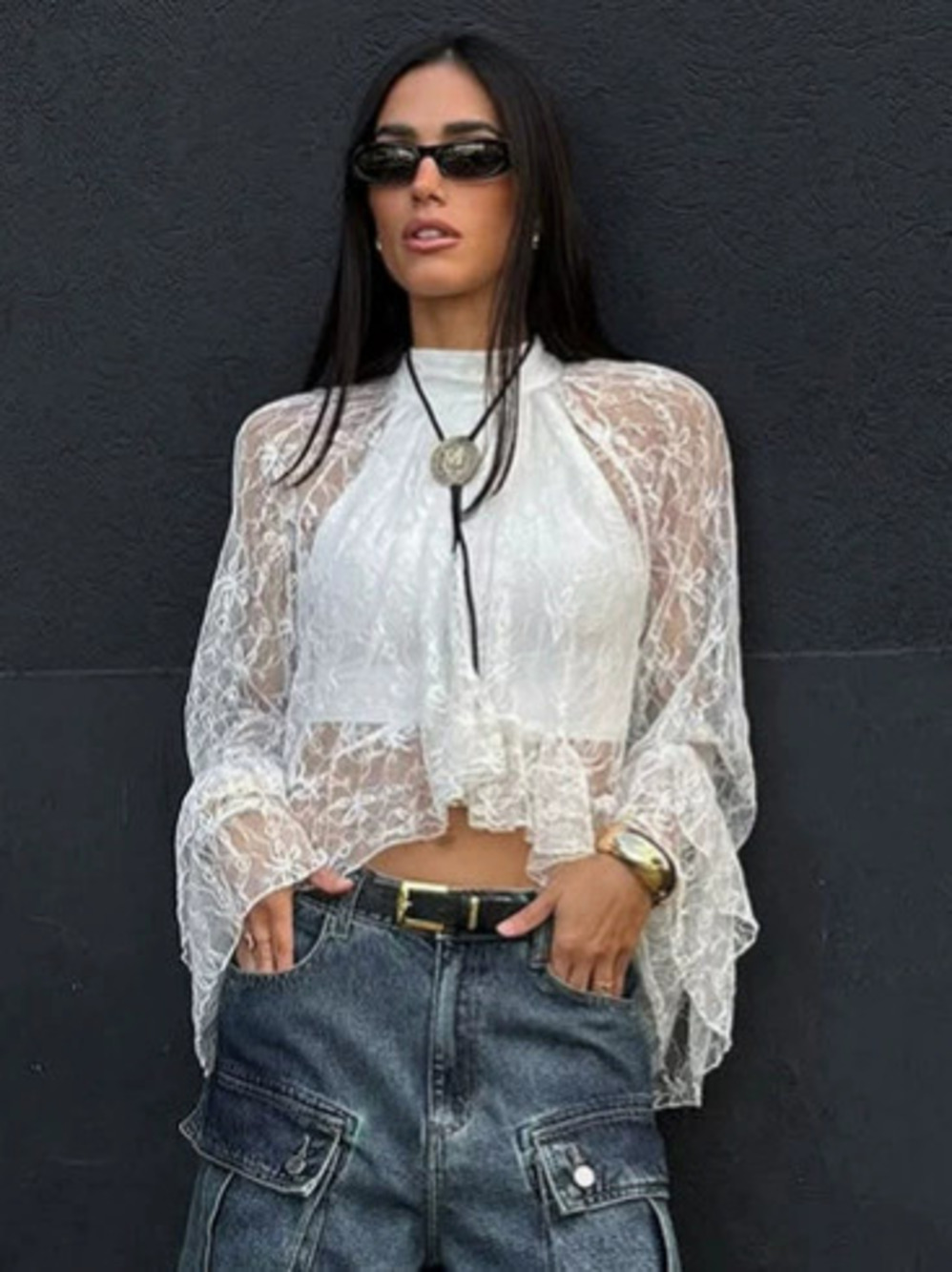 Forever 21 Spring Sheer White Lace Flare Sleeve Blouse Soft